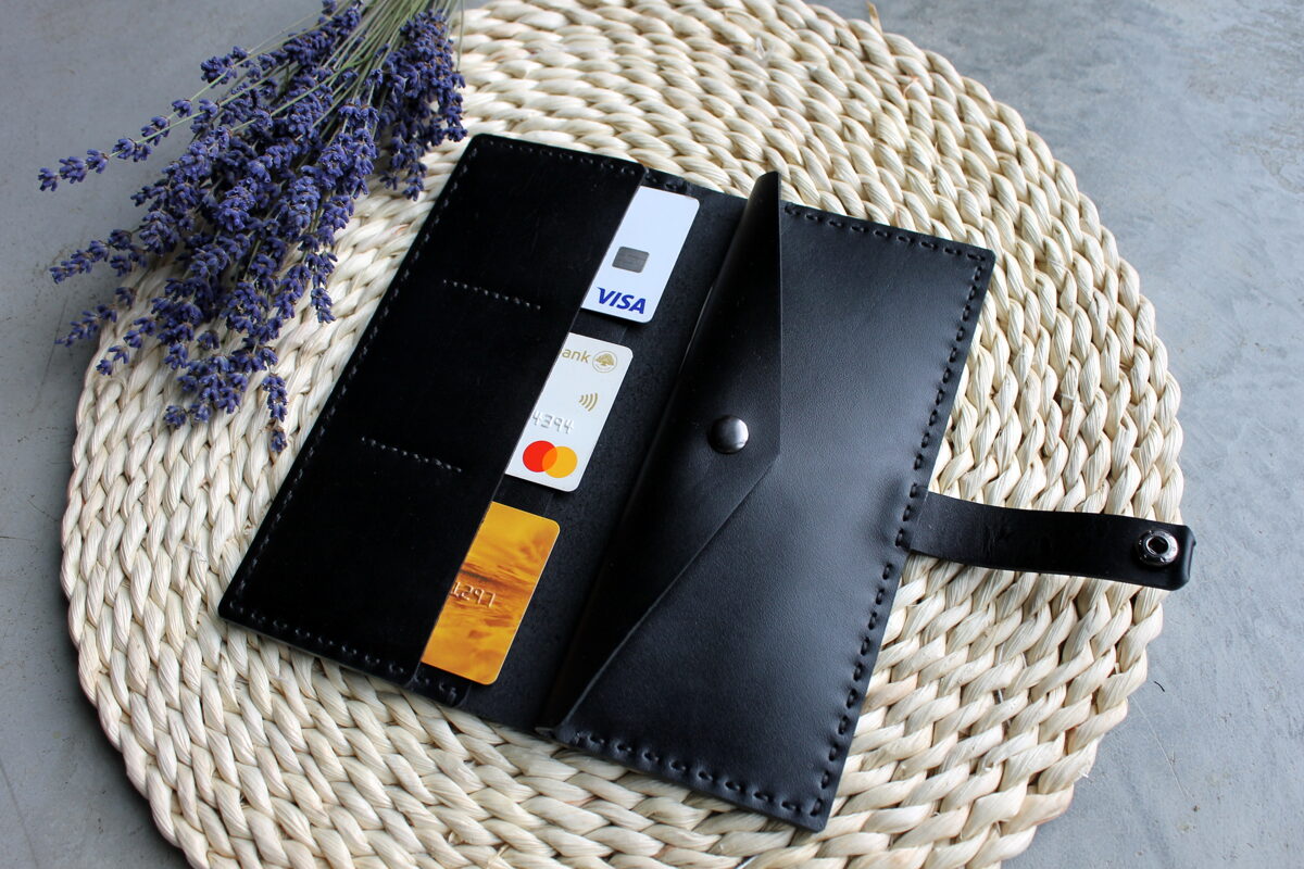 Black bifold leather wallet.