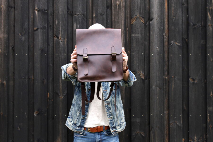 Dark brown leather backpack
