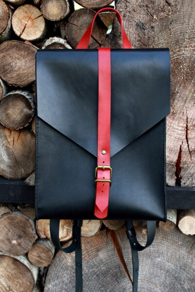 Black and red leather backpack