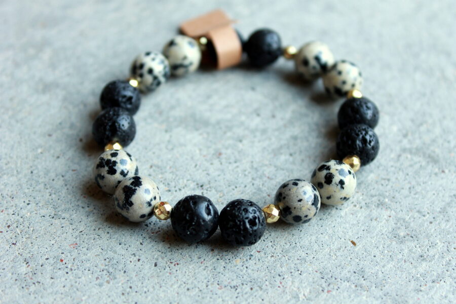 Dalmatian jasper and lava stone bracelet. 10 mm